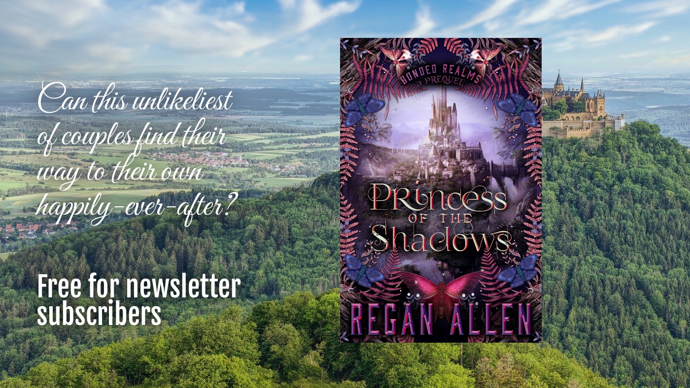 Cover for Princess of the Shadows, the prequel to the closed-door fantasy romance series Bonded Realms by Regan Allen, showing a castle in the background surrounded by leaves and moths